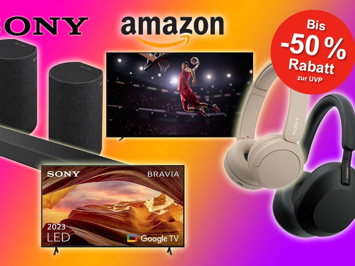 Sony Produkte wie Kopfhörer, Soundbars und Fernseher vor buntem Hintergrund