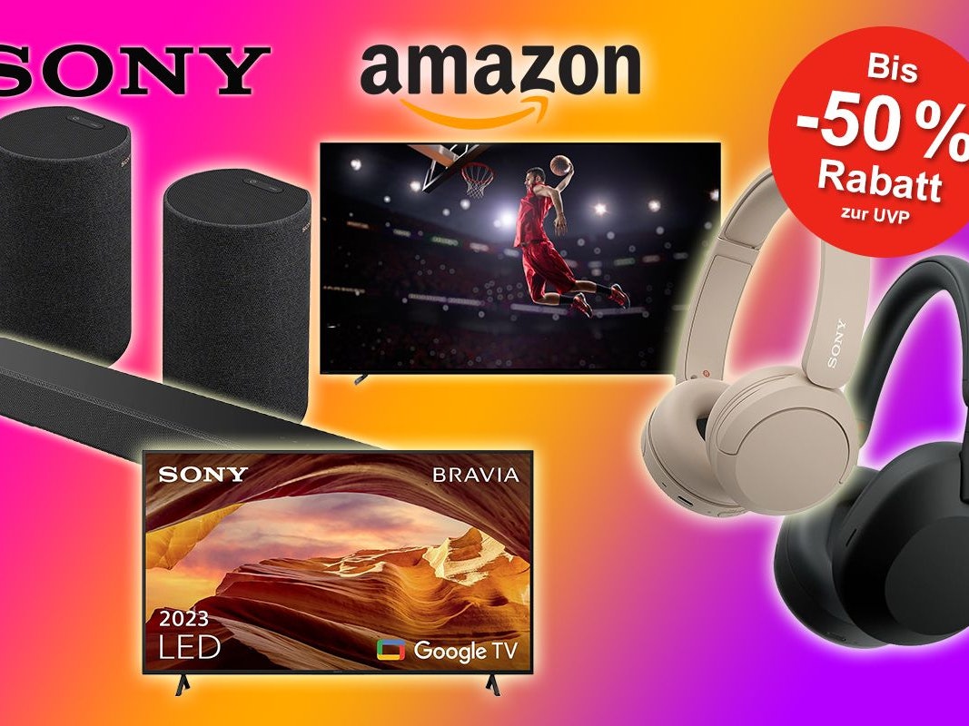 Sony Produkte wie Kopfhörer, Soundbars und Fernseher vor buntem Hintergrund