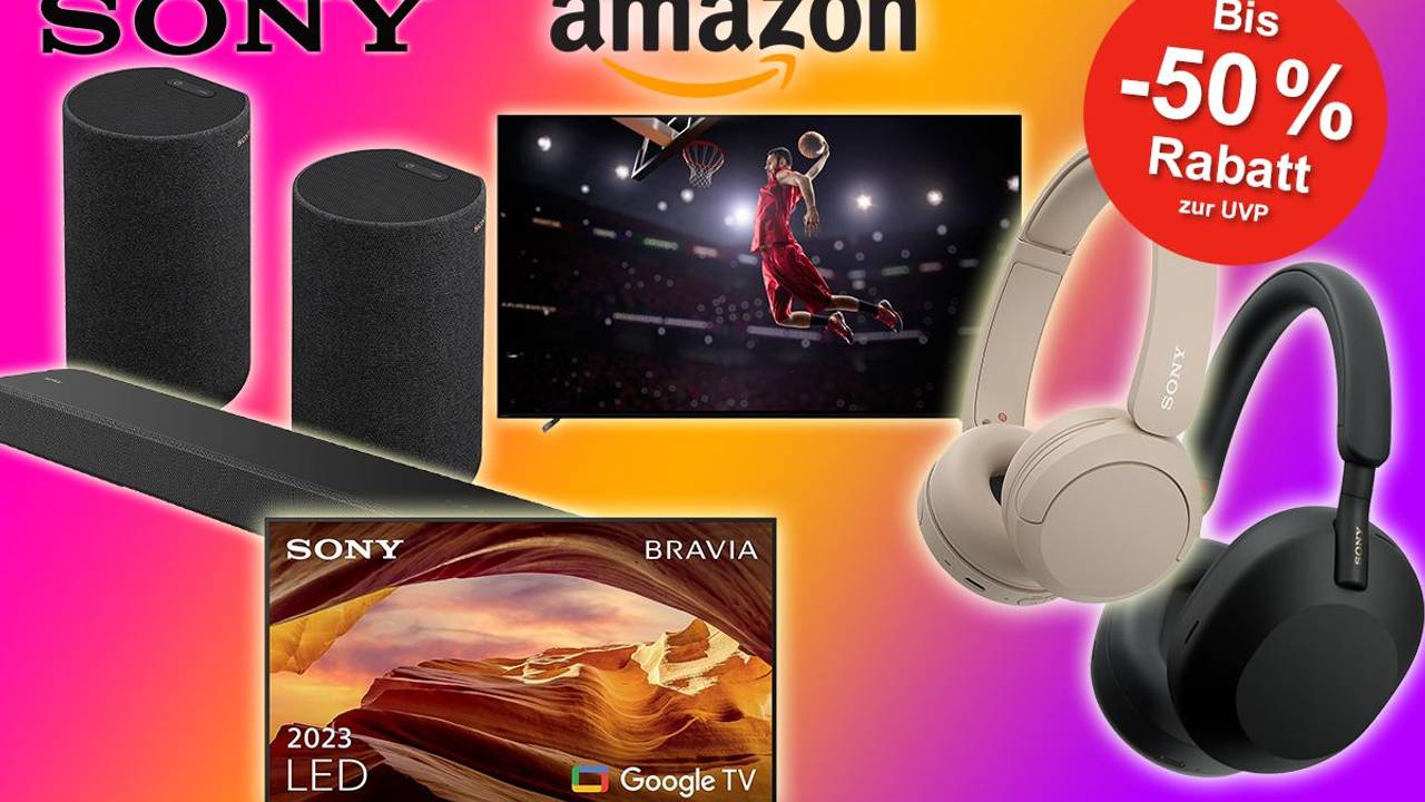 Sony Produkte wie Kopfhörer, Soundbars und Fernseher vor buntem Hintergrund