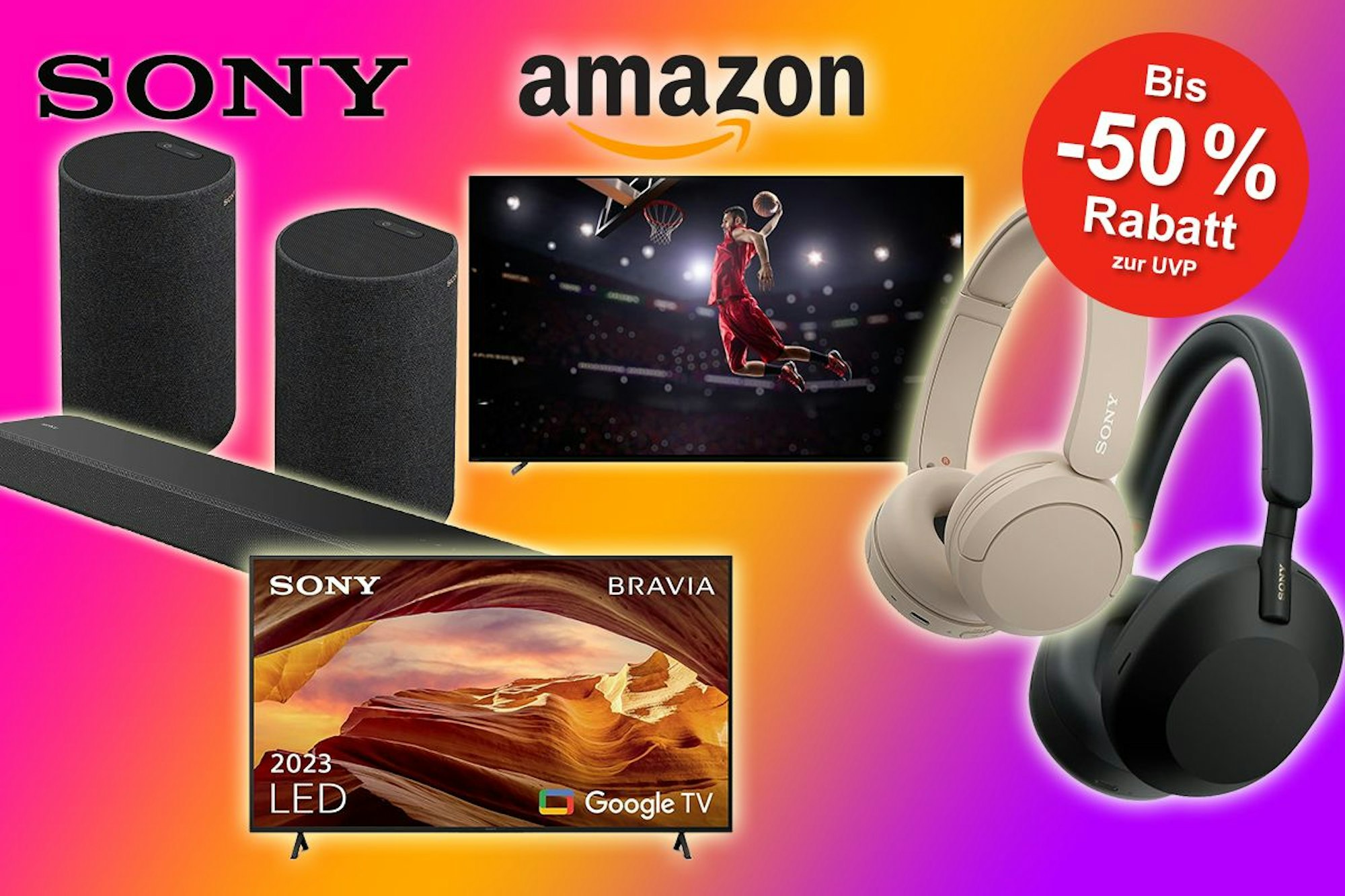 Sony Produkte wie Kopfhörer, Soundbars und Fernseher vor buntem Hintergrund