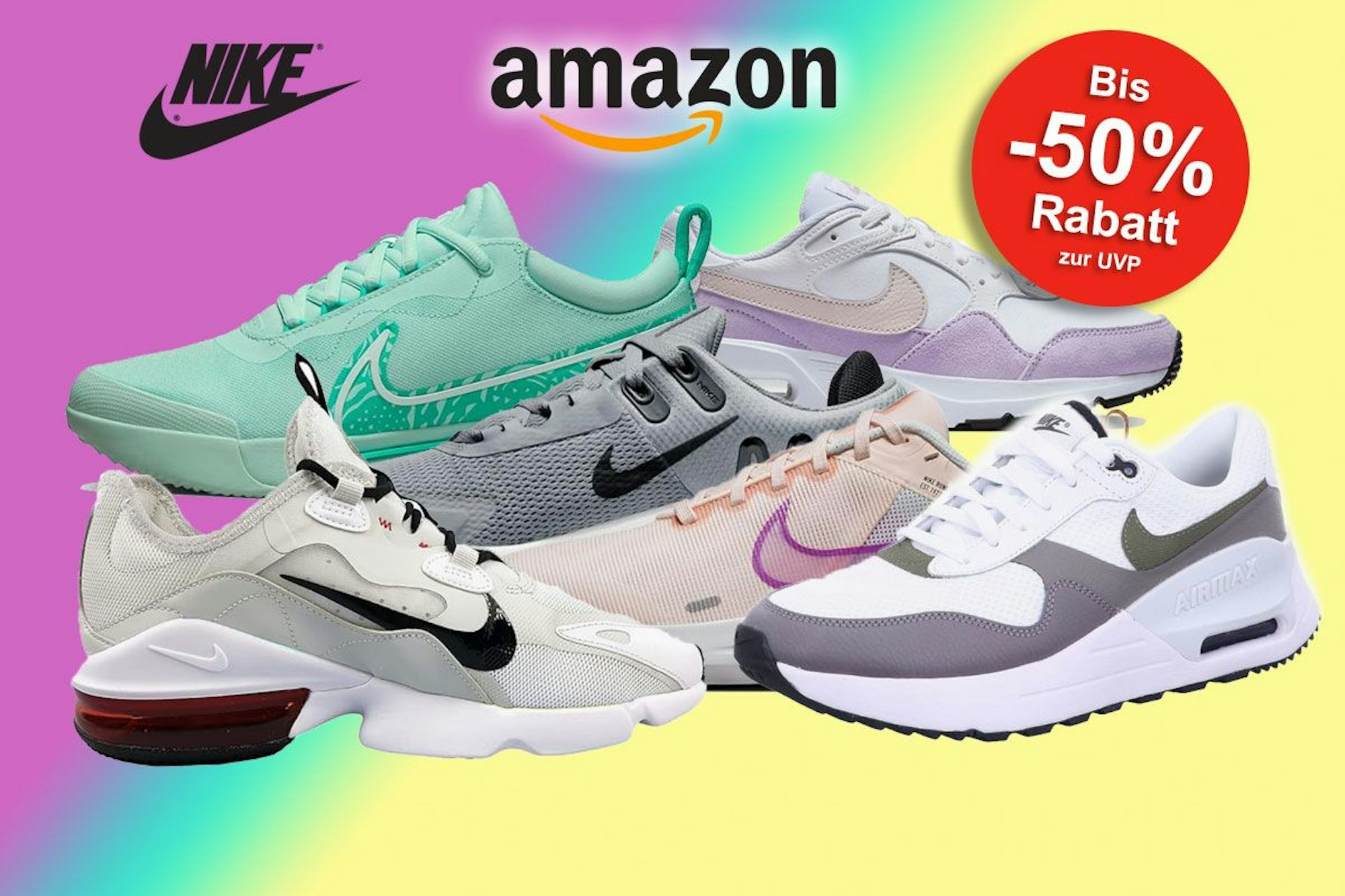 Nike Sneaker und Schuhe Modelle wie Nike Air Force 1 oder Nike Tanjun in verschiedenen Farben.