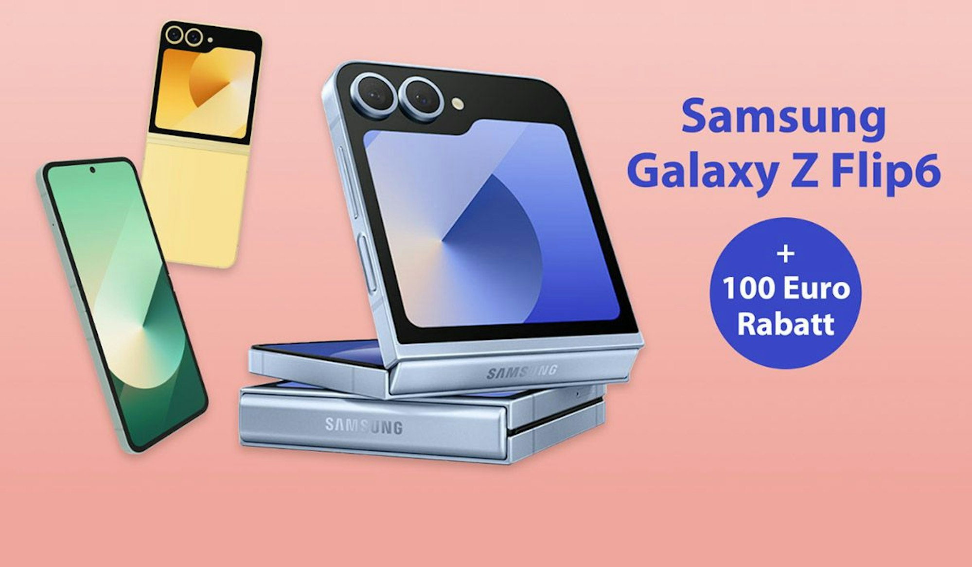 Samsung Galaxy Z Flip6 in verschiedenen Farben und aufgeklappt und zusammengeklappt.