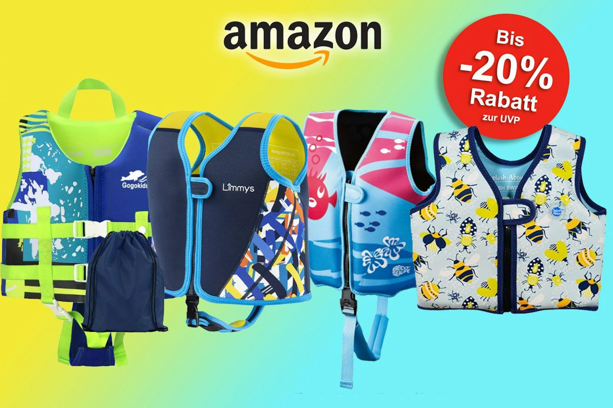 Auf dem Bild sind Schwimmwesten unterschiedlicher Marken für Kinder zu sehen.