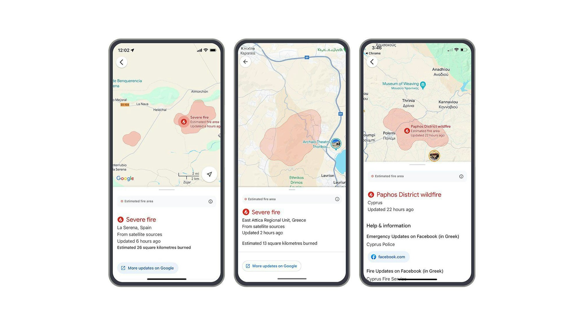 Google Maps zeigt die möglichen Waldbrand-Regionen an.