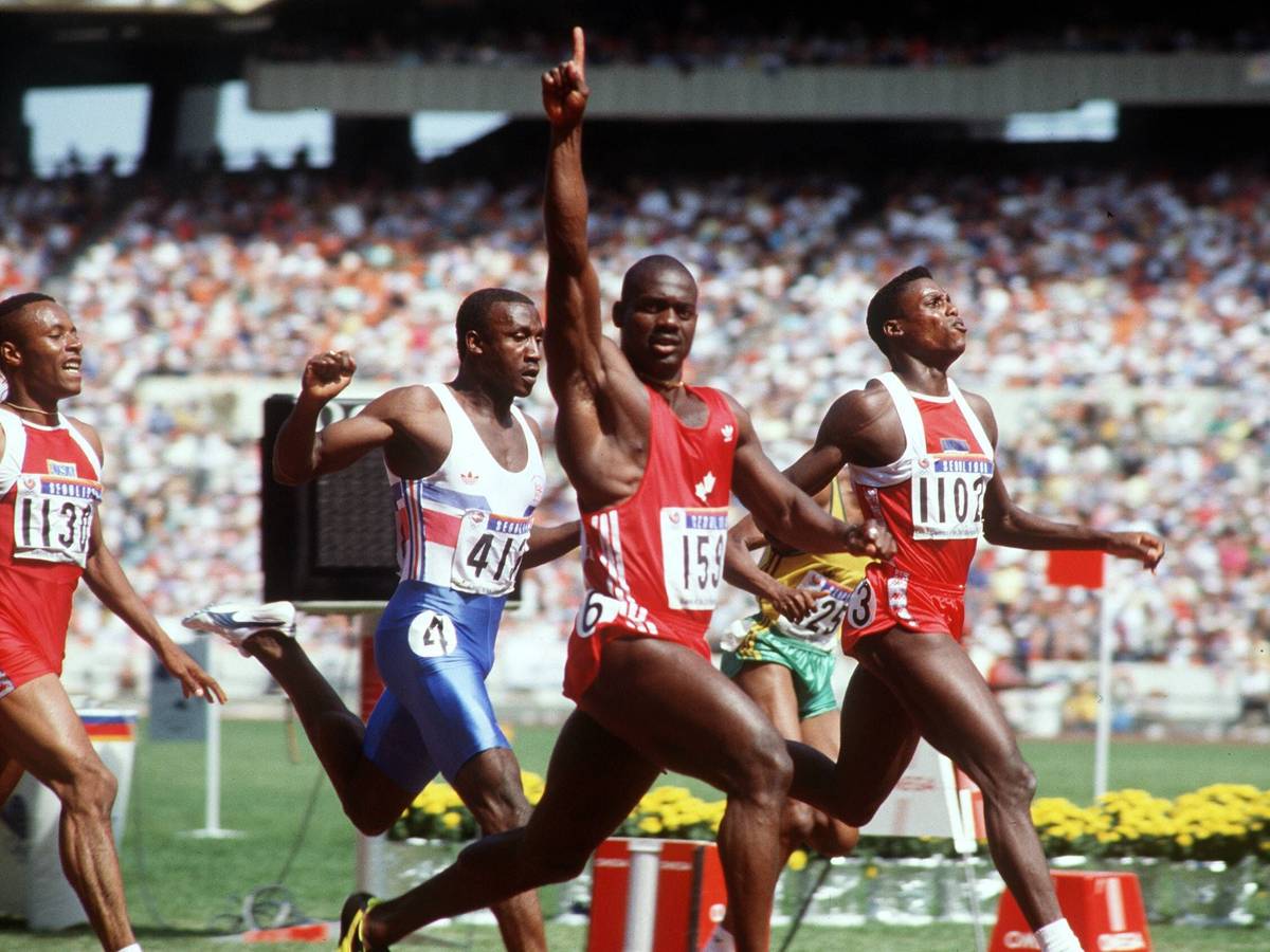 Ben Johnson siegt vor Carl Lewis und Linford Christie bei Olympia 1988.