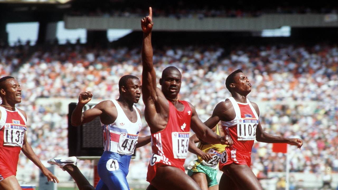 Ben Johnson siegt vor Carl Lewis und Linford Christie bei Olympia 1988.