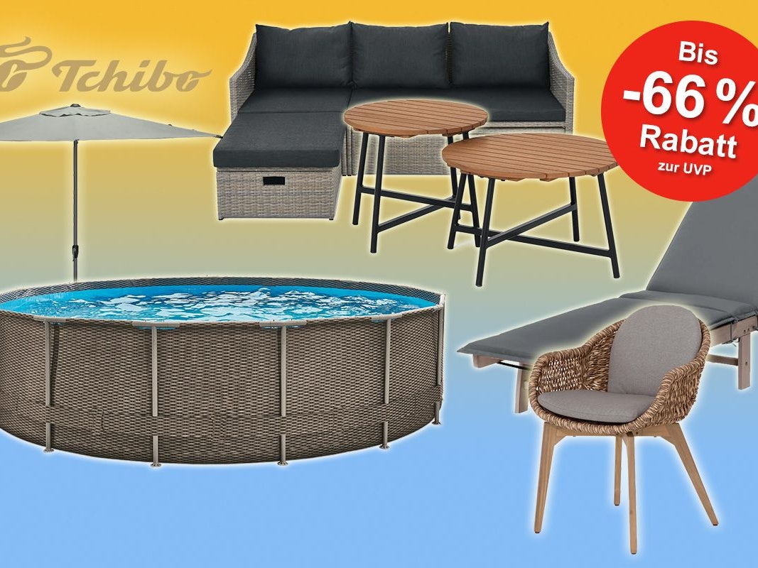 Gartenartikel wie Lounge, Tisch, Liege, Sonnenschirm und Pool vor gelb-blauem Hintergrund