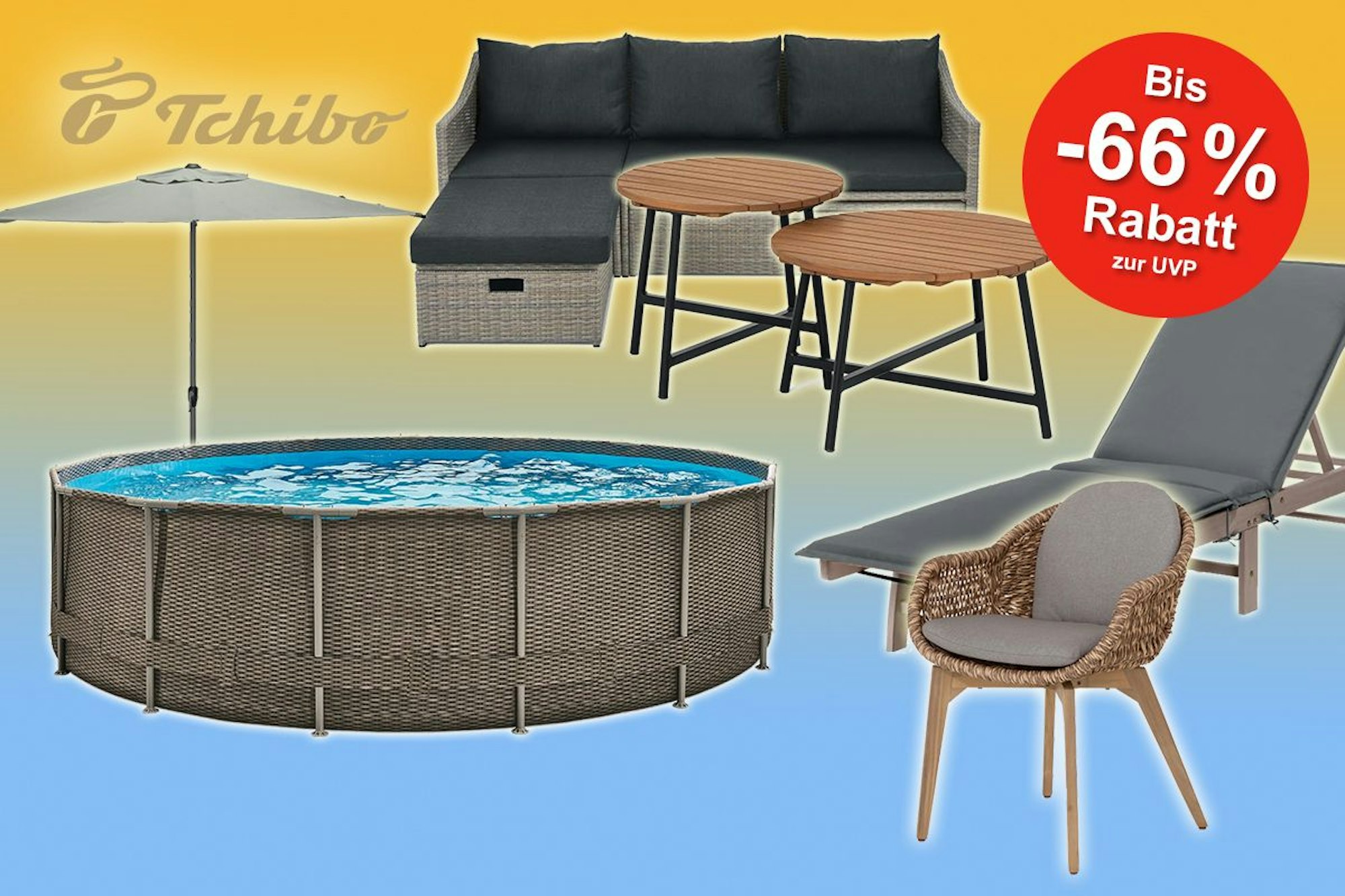 Gartenartikel wie Lounge, Tisch, Liege, Sonnenschirm und Pool vor gelb-blauem Hintergrund