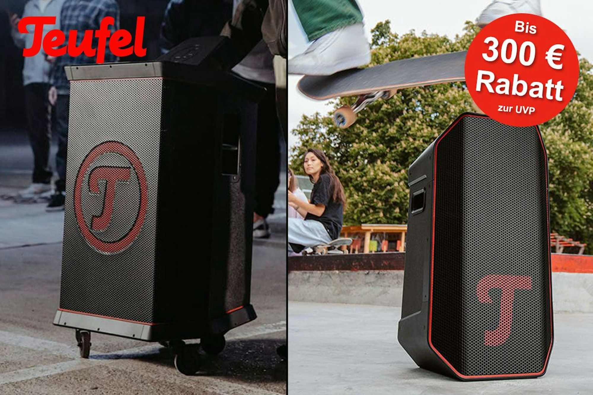 Bilder der Lautsprecher Teufel Rockster auf dem Boden und dem Teufel Rockster Air 2 in einem Park, über den ein Skateboardfahrer springt.