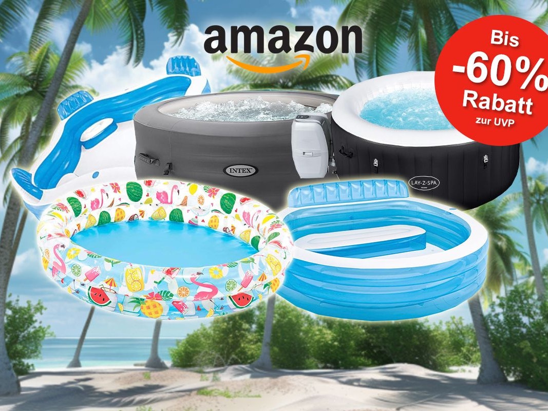Pools, Whirlpools und Planschbecken vor einem Hintergrund mit Palmen