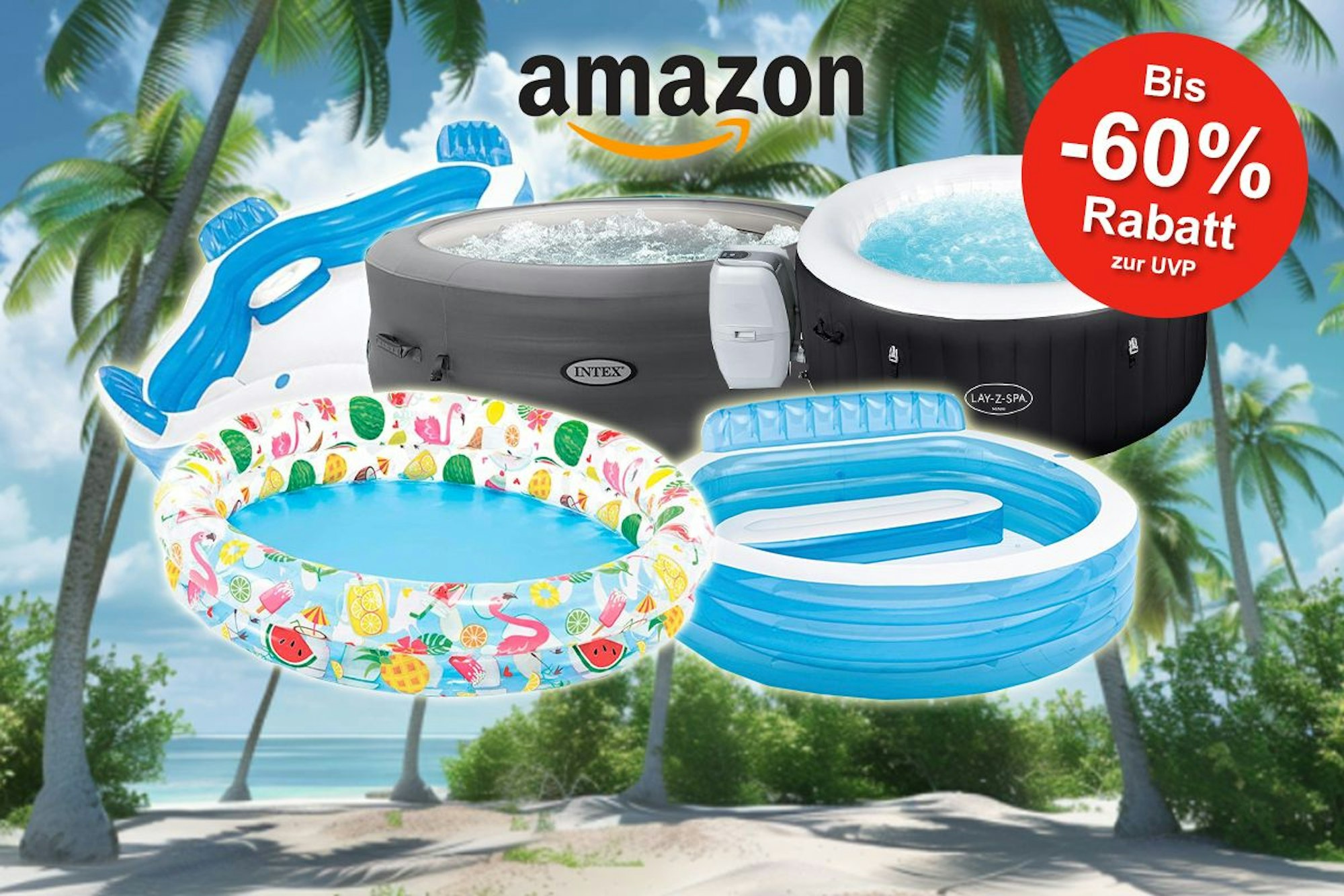 Pools, Whirlpools und Planschbecken vor einem Hintergrund mit Palmen