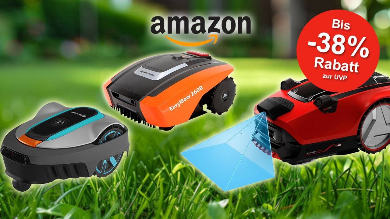 Mähroboter verschiedener Marken vor einer grünen Wiese angeordnet