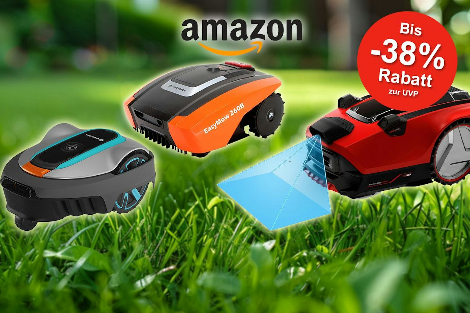 Mähroboter verschiedener Marken vor einer grünen Wiese angeordnet