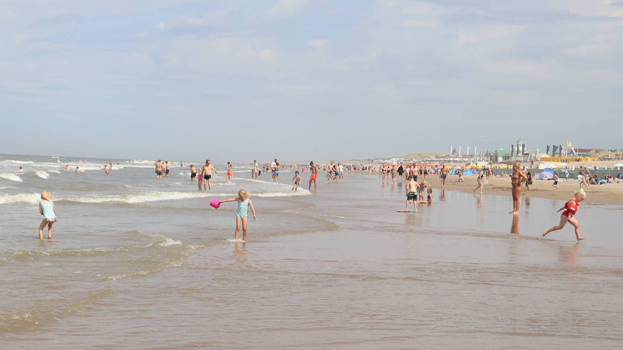 Am Strand von Noordwijk spielen Kinder im Wasser.