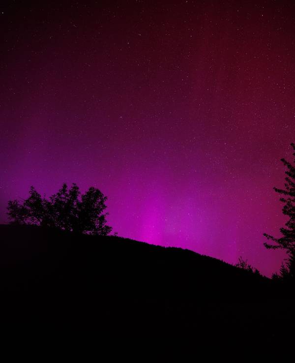 Polarlichter (Aurora borealis) leuchten am nächtlichen Himmel über dem Wagenbrüchsee.