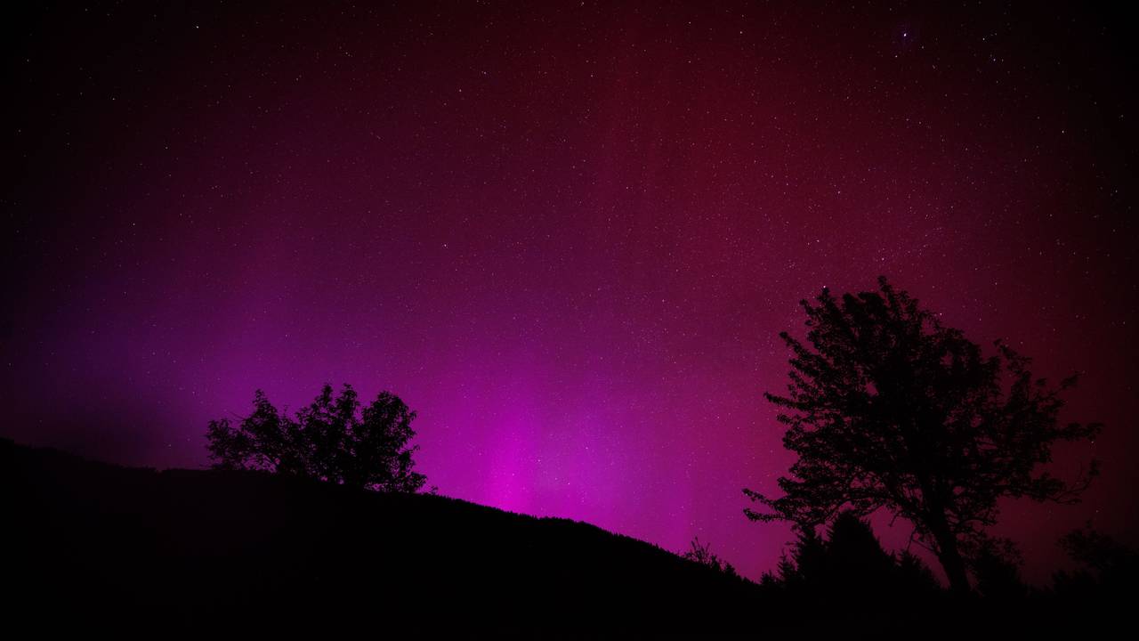 Polarlichter (Aurora borealis) leuchten am nächtlichen Himmel über dem Wagenbrüchsee.