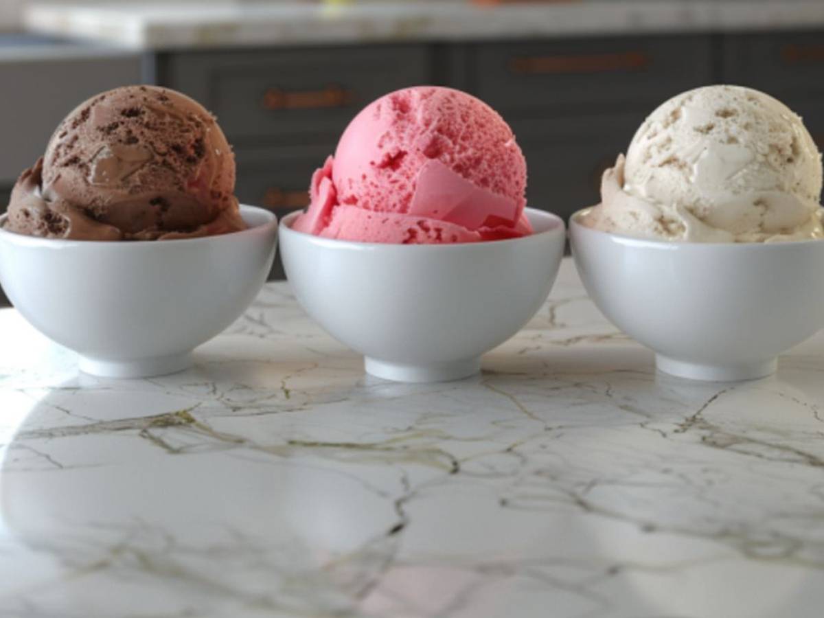 Drei Schalen mit Eis (Schoko, Erdbeere und Zitronen) auf einer Kücheninsel