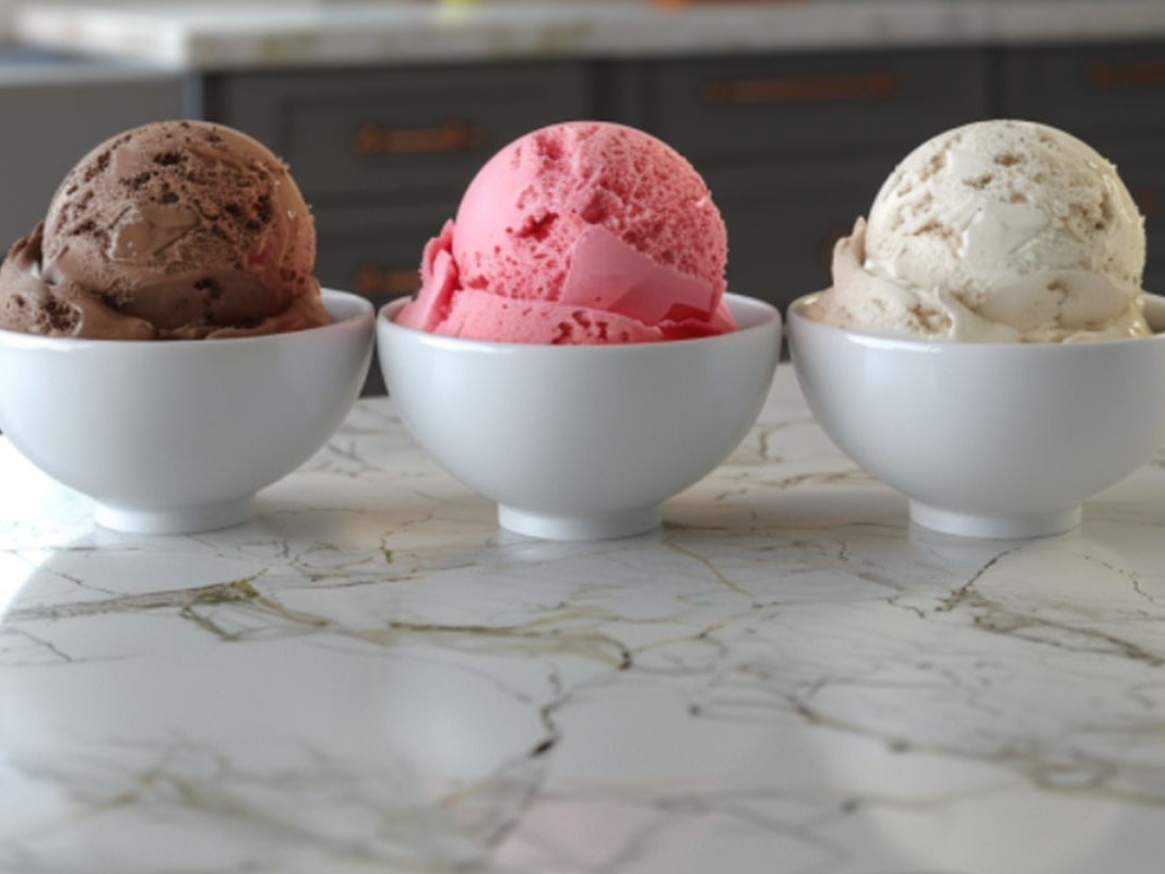 Drei Schalen mit Eis (Schoko, Erdbeere und Zitronen) auf einer Kücheninsel