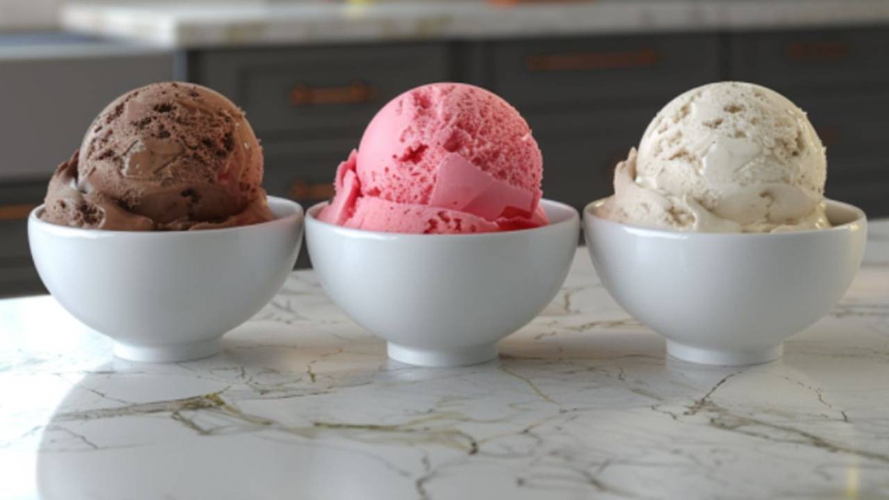Drei Schalen mit Eis (Schoko, Erdbeere und Zitronen) auf einer Kücheninsel