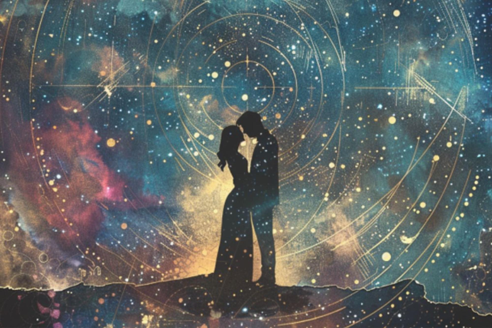 Silhouette eines Paares, darum ist Illustration von Sternen und dem Himmel dargestellt