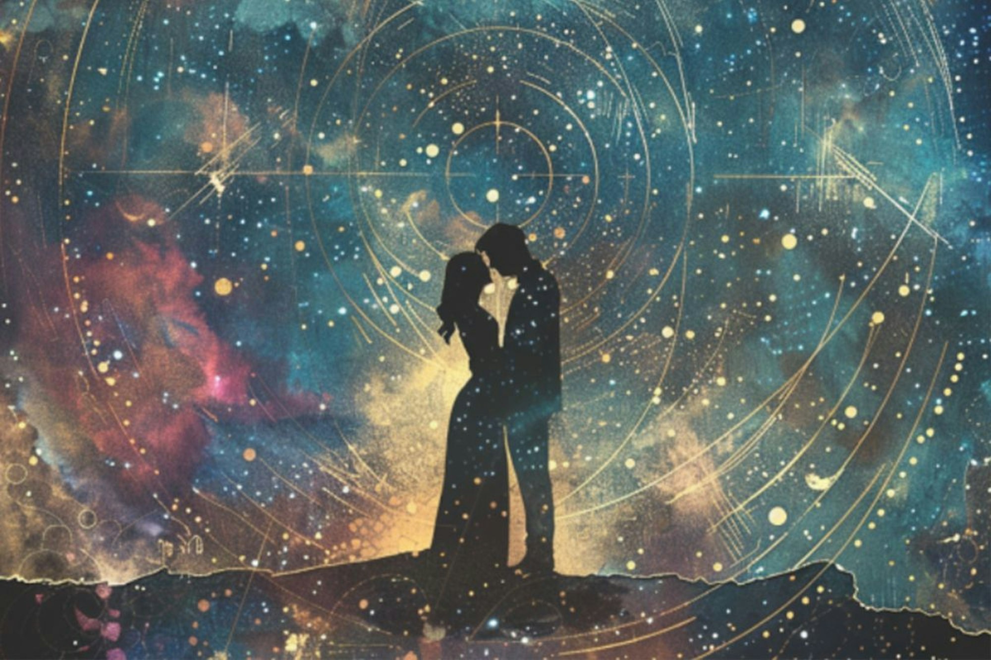 Silhouette eines Paares, darum ist Illustration von Sternen und dem Himmel dargestellt