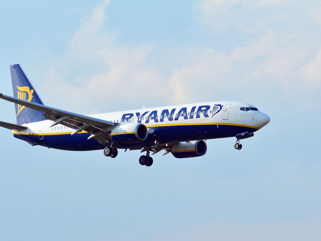 Ein Flugzeug der Fluggesellschaft Ryanair in der Luft.