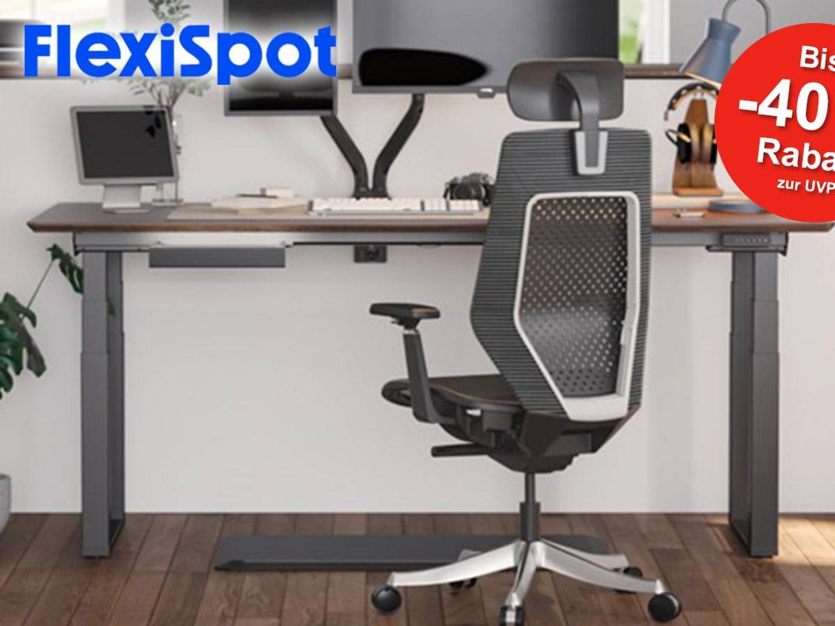 Höhenverstellbarer Schreibtisch und Bürostuhl von FlexiSpot.