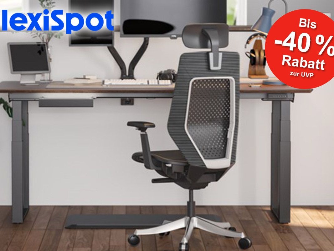 Höhenverstellbarer Schreibtisch und Bürostuhl von FlexiSpot.