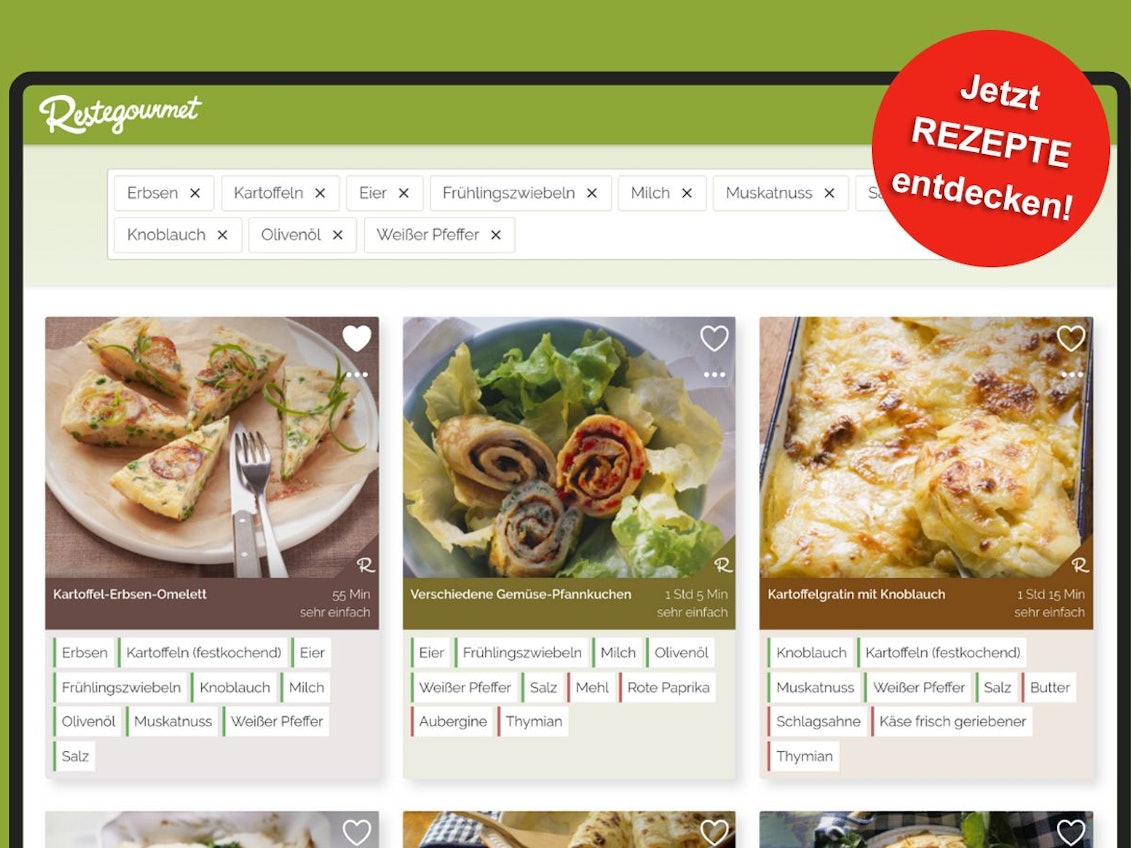 Website von Restegourmet mit verschiedenen Rezepten