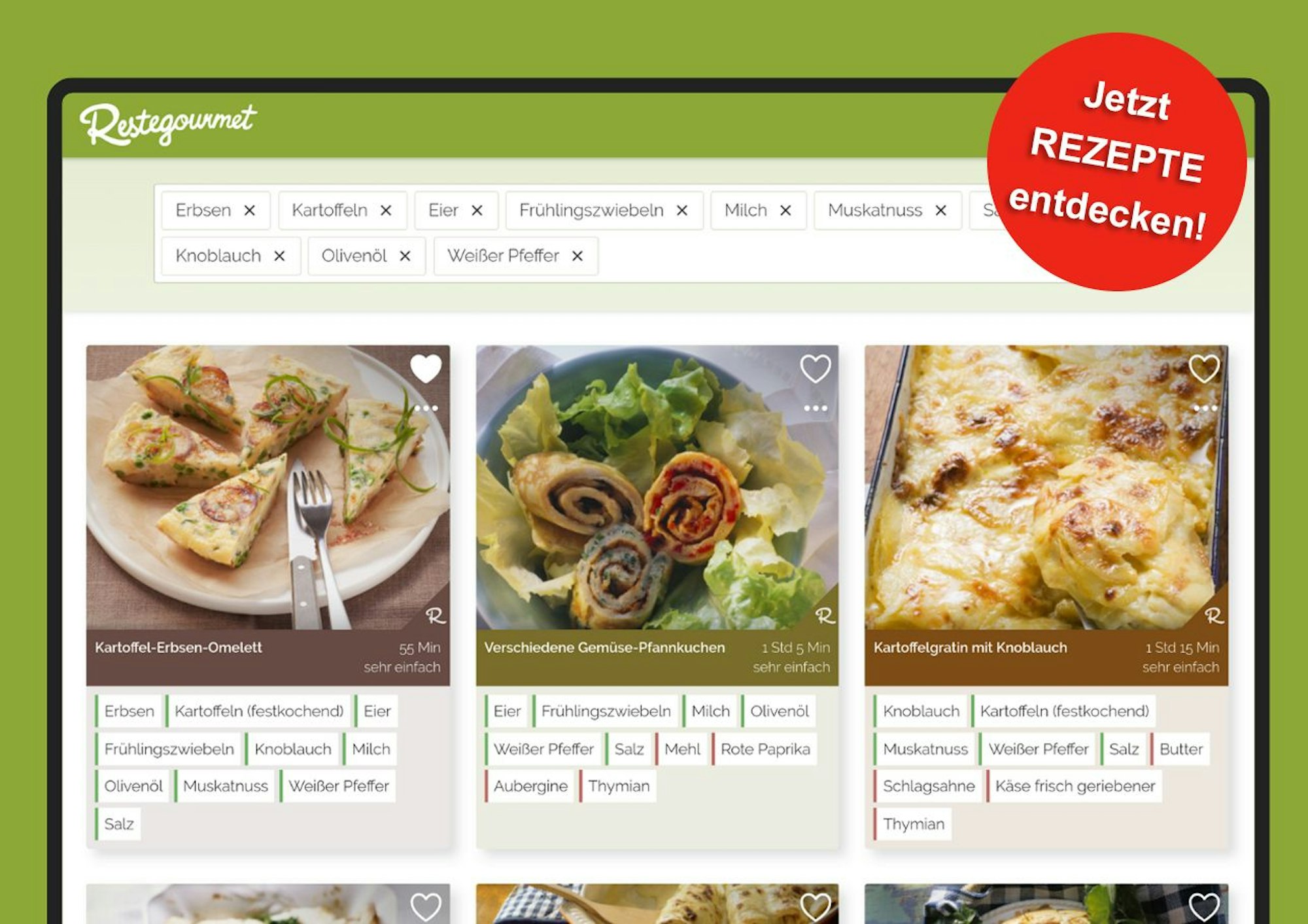 Website von Restegourmet mit verschiedenen Rezepten