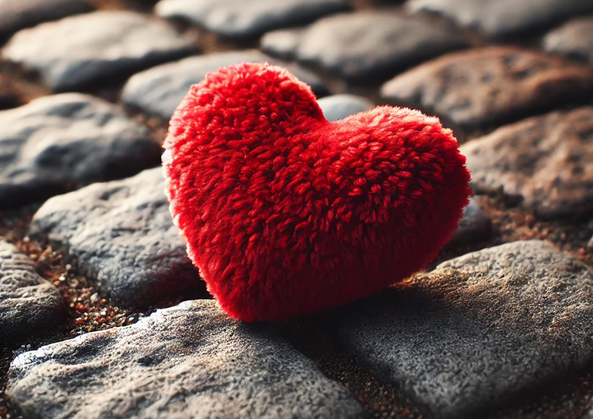 Rotes Stoffherz liegt auf einem Steinboden