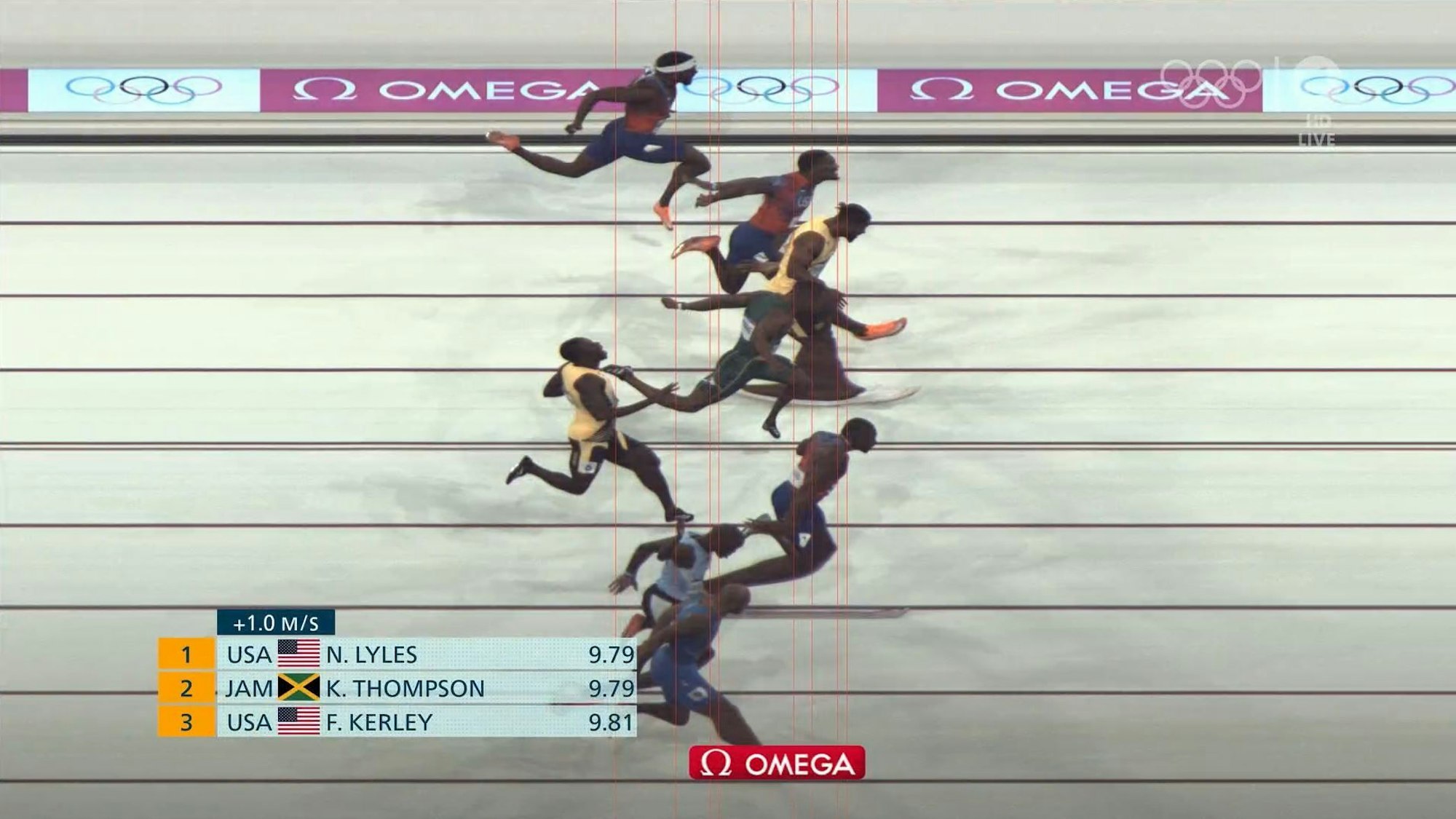 Noah Lyles schreit nach seinem Olympiasieg über 100 Meter jubelnd in eine Kamera.