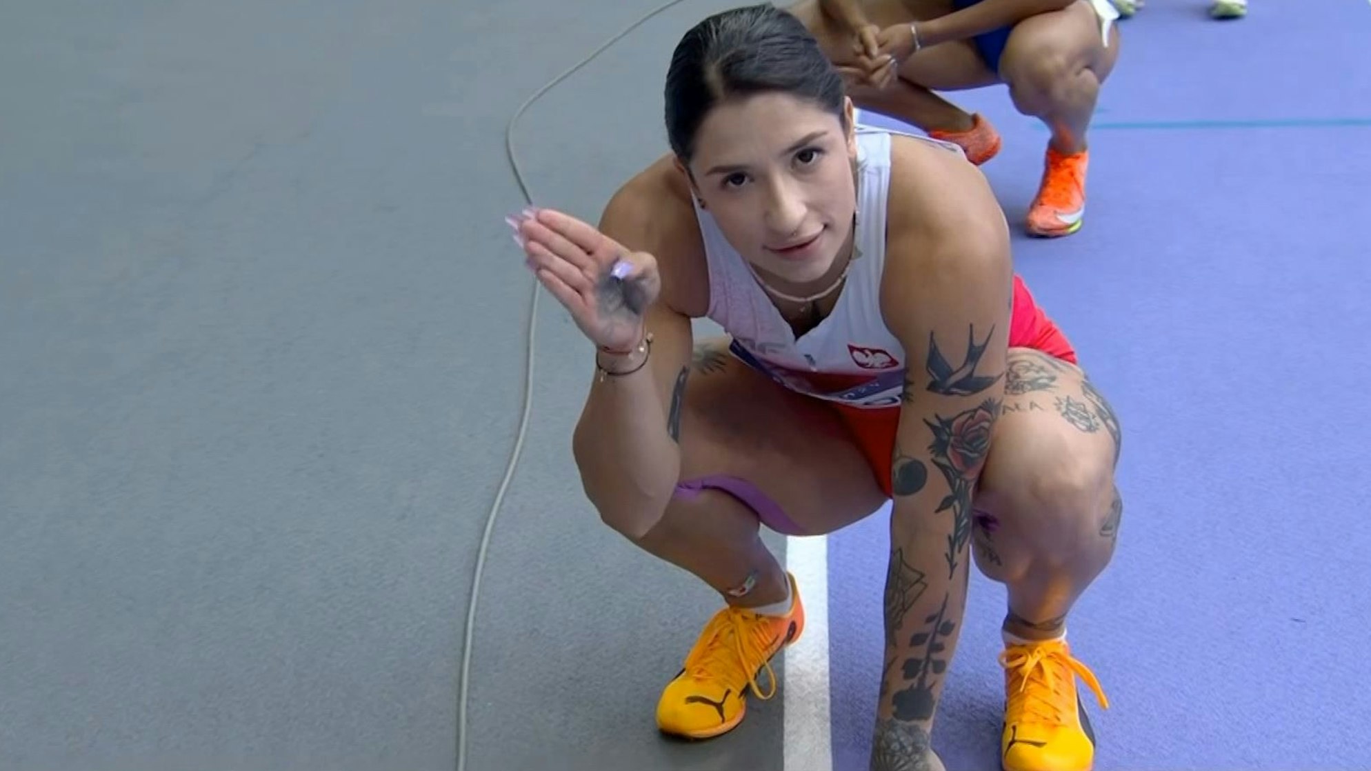 Ewa Swoboda am 2. August 2024 nach ihrem Vorlauf über 100 Meter bei Olympia.