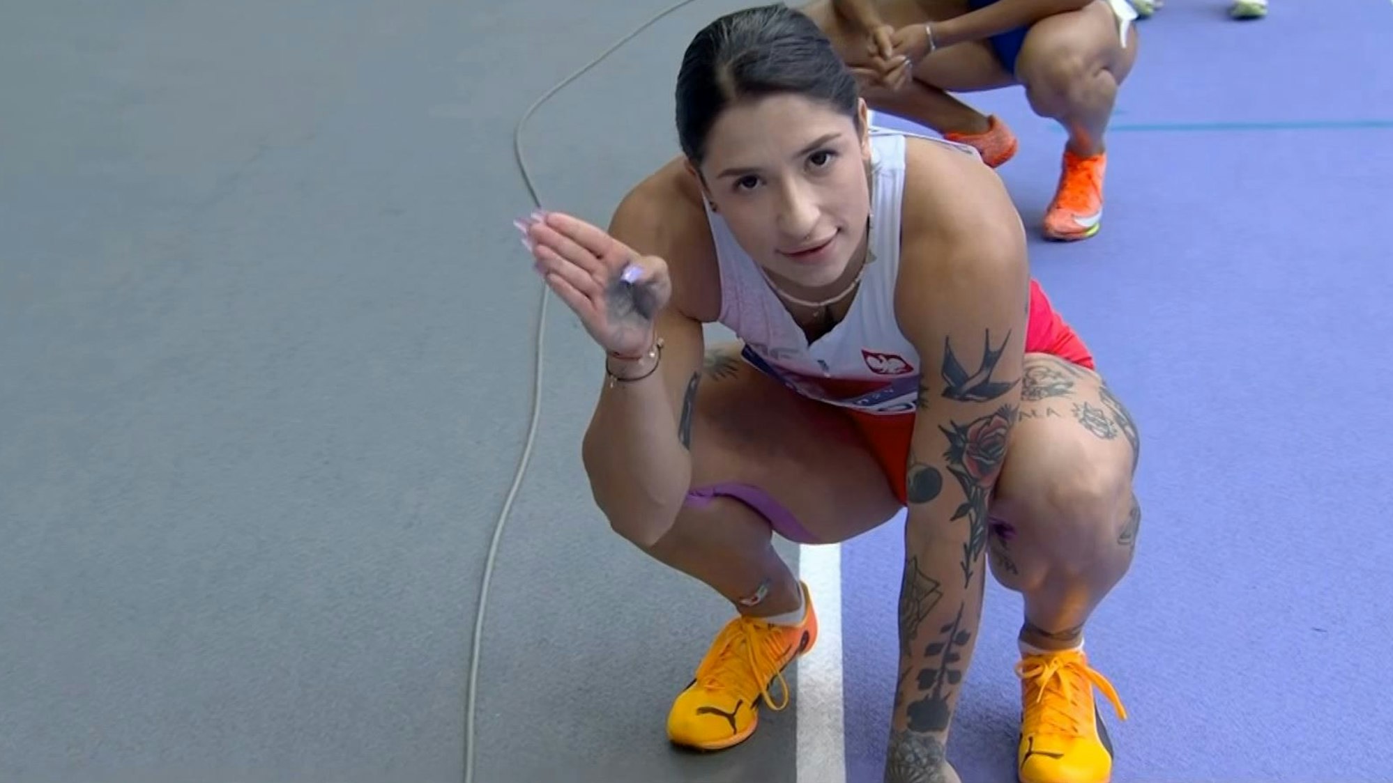 Ewa Swoboda am 2. August 2024 nach ihrem Vorlauf über 100 Meter bei Olympia.