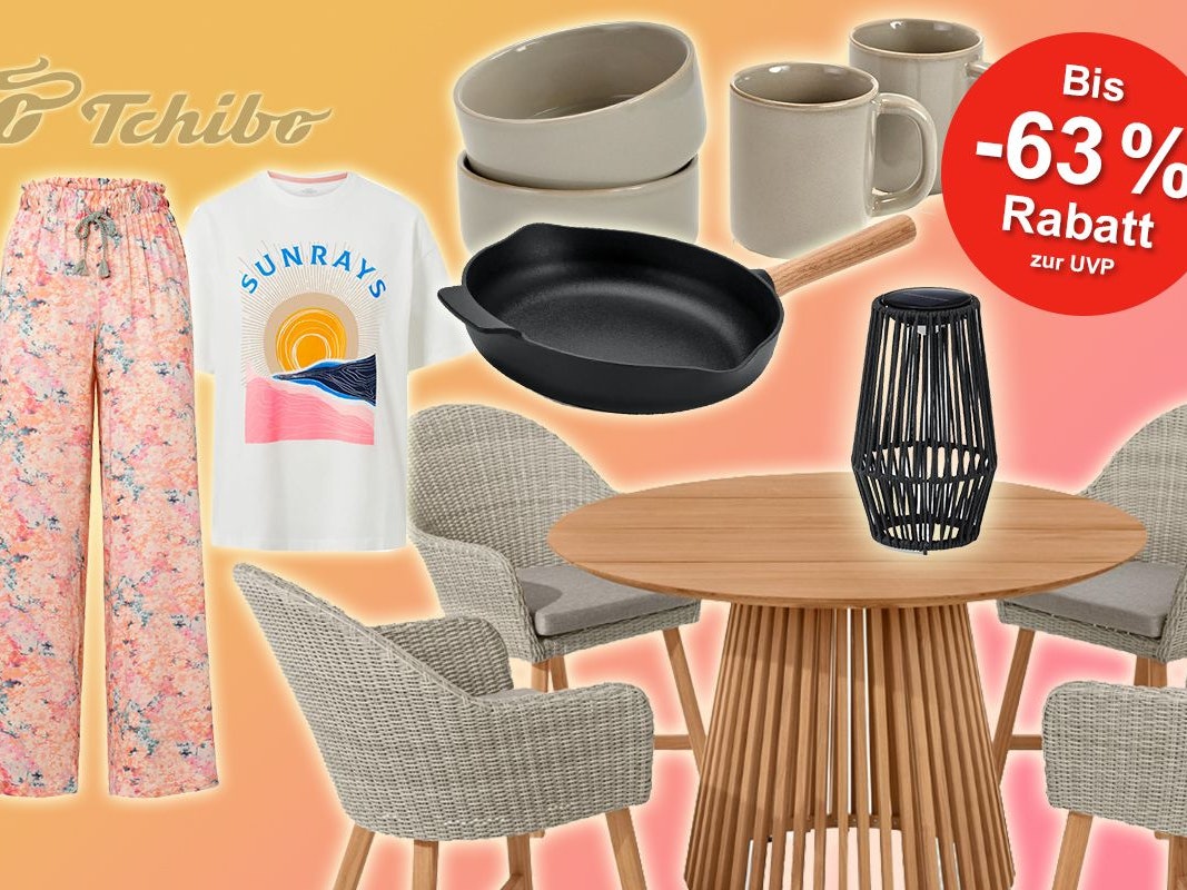 Verschiedene Tchibo Produkte wie Klamotten, Pfanne, Geschirr, Garten Tisch und Lampe vor einem orange-pinken Hintergrund