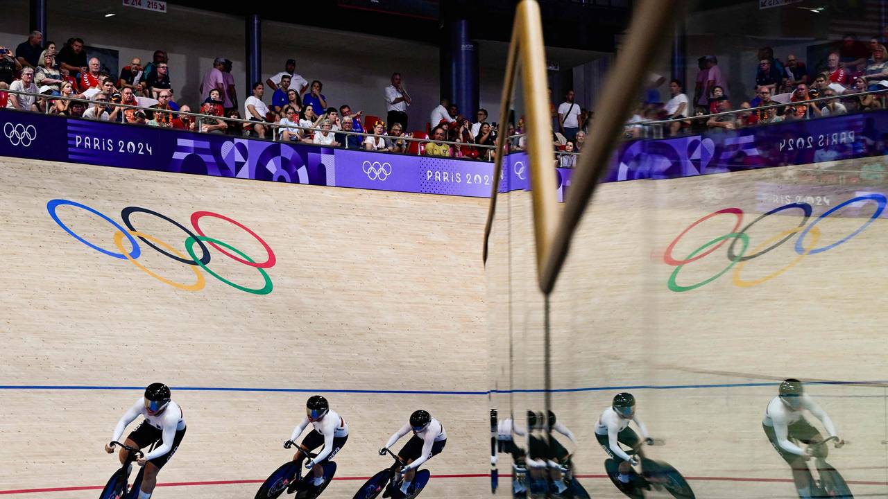 Das deutsche Bahnrad-Trio im Teamsprint bei Olympia am Montag (5. August 2024).