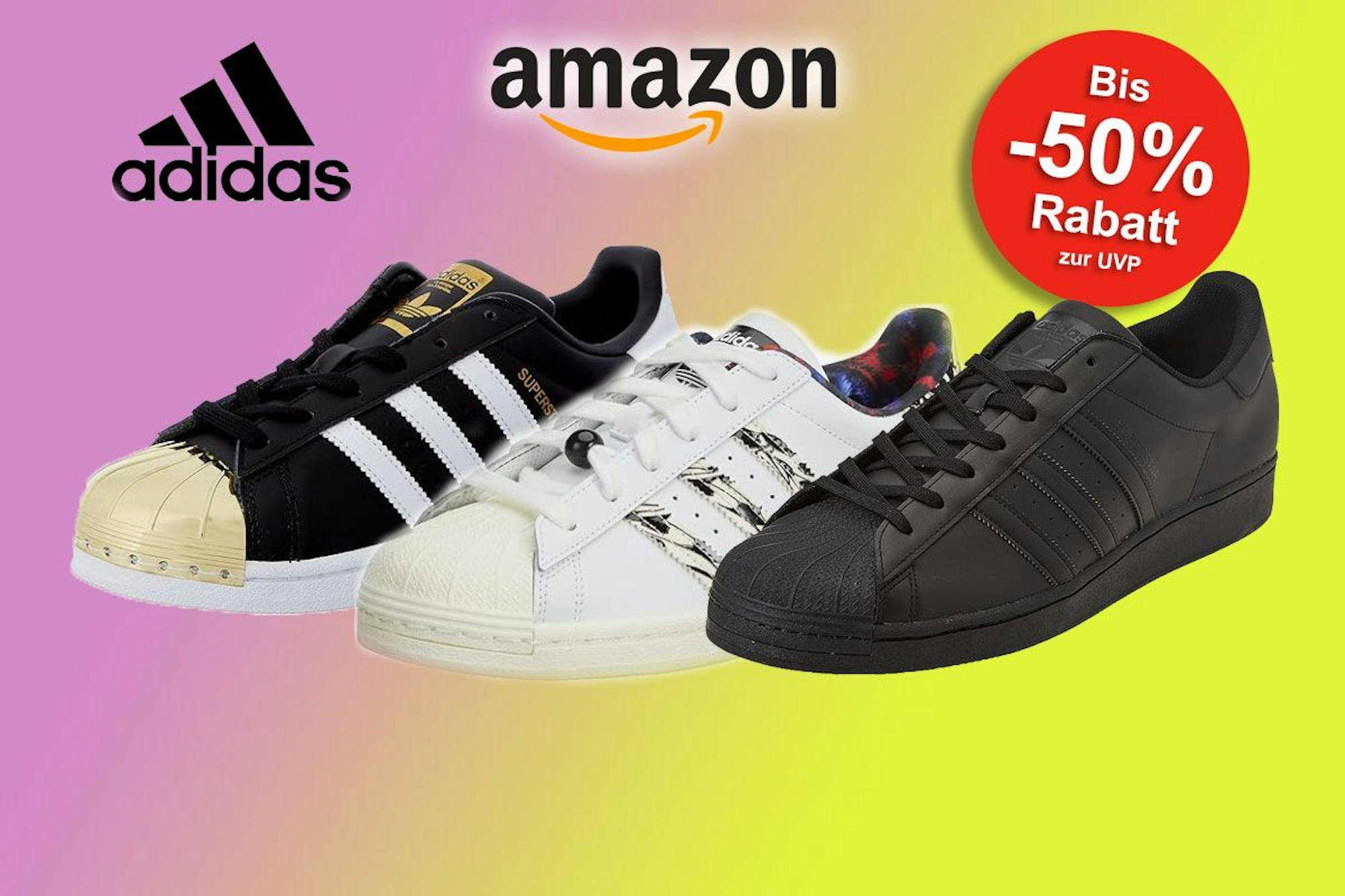 Auf dem Bild sind drei Modelle des adidas Superstars zu sehen.