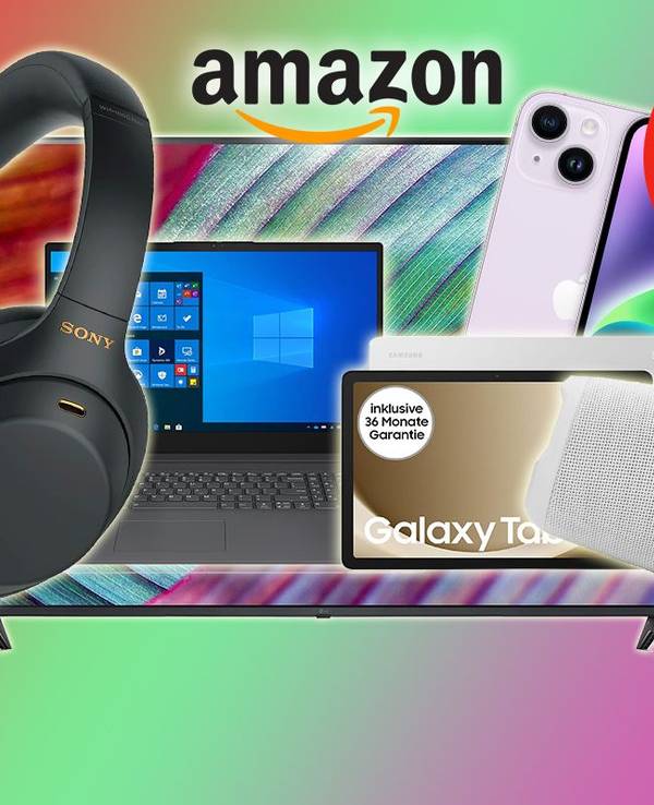 Technik Artikel wie Kopfhörer, Laptop, Tablet, Smartphone, Lautsprecher und Fernseher vor Hintergrund in rot-, grün- und lila-Tönen