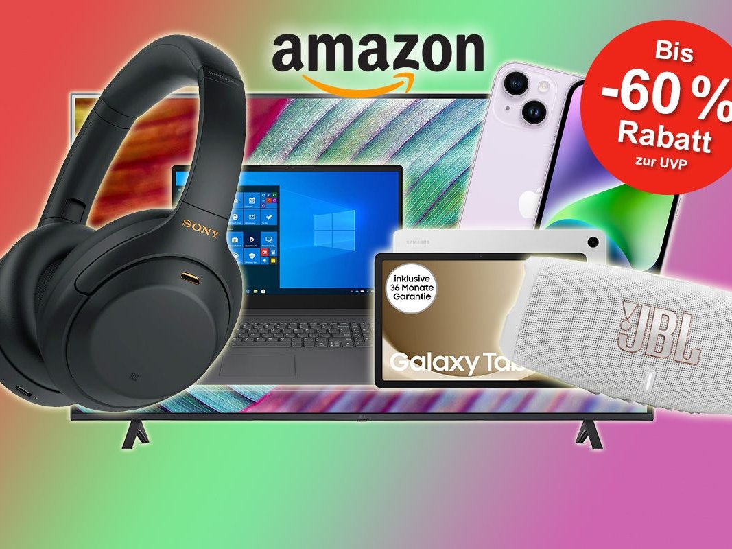 Technik Artikel wie Kopfhörer, Laptop, Tablet, Smartphone, Lautsprecher und Fernseher vor Hintergrund in rot-, grün- und lila-Tönen