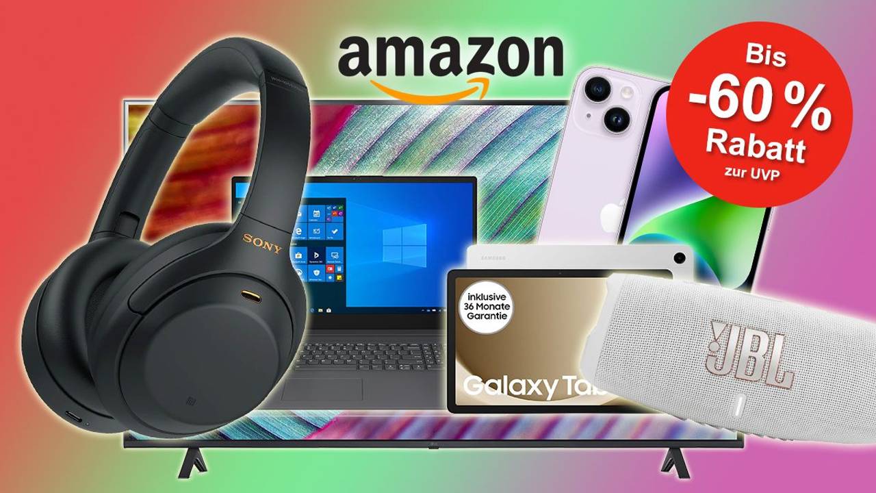 Technik Artikel wie Kopfhörer, Laptop, Tablet, Smartphone, Lautsprecher und Fernseher vor Hintergrund in rot-, grün- und lila-Tönen