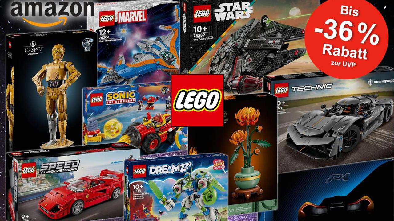 Lego Sets wie Lego Star Wars dunkler Millennium Falke, C-3PO, Lego Technic Koenigsegg und McLaren P1, Lego Speed Champions, Lego DreamZzz, Lego, Lego Speed Champions, Icons Chrysantheme, Lego Sonic und Lego Marvel Guardians of the Galaxy Milano.