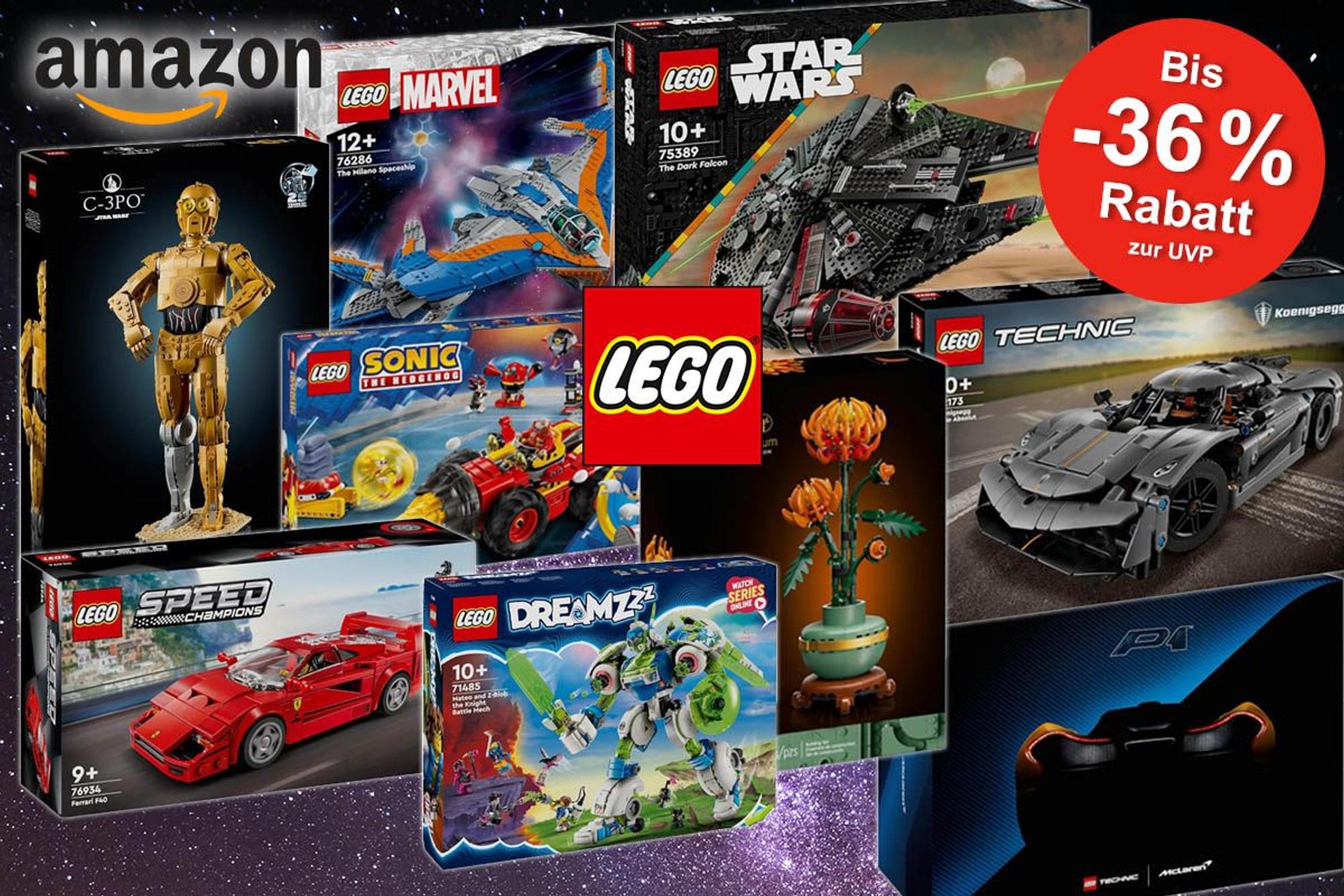Lego Sets wie Lego Star Wars dunkler Millennium Falke, C-3PO, Lego Technic Koenigsegg und McLaren P1, Lego Speed Champions, Lego DreamZzz, Lego, Lego Speed Champions, Icons Chrysantheme, Lego Sonic und Lego Marvel Guardians of the Galaxy Milano.