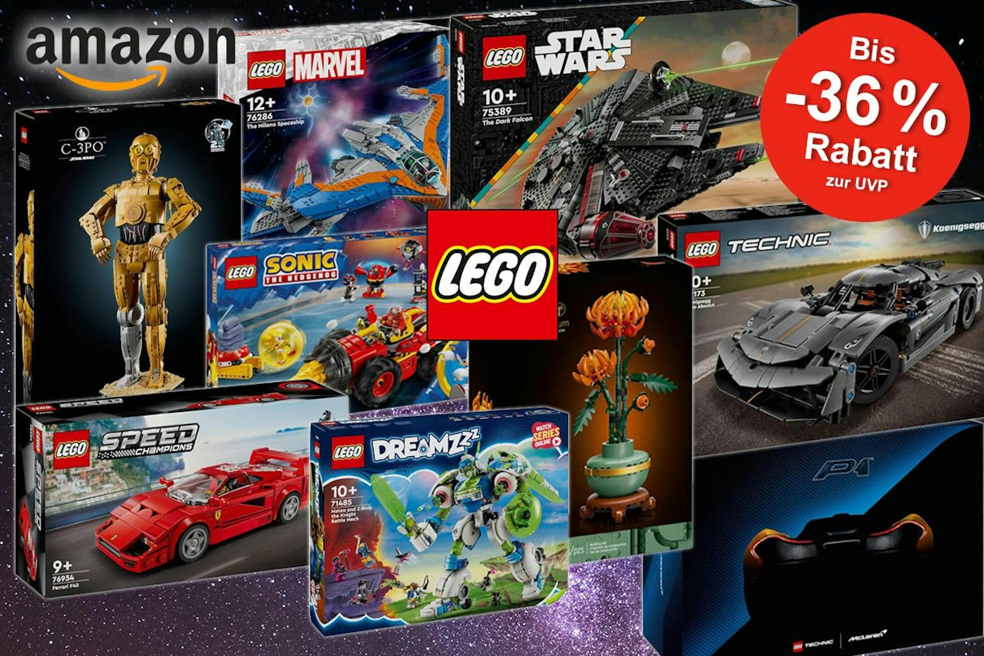 Lego Sets wie Lego Star Wars dunkler Millennium Falke, C-3PO, Lego Technic Koenigsegg und McLaren P1, Lego Speed Champions, Lego DreamZzz, Lego, Lego Speed Champions, Icons Chrysantheme, Lego Sonic und Lego Marvel Guardians of the Galaxy Milano.