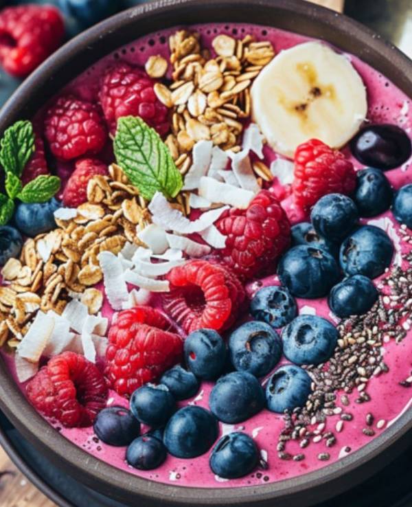 Bild von einer Smoothie Bowl mit Blaubeeren, Himbeeren, Banane, Haferflocken, Chiasamen, Kokosraspeln und Minze