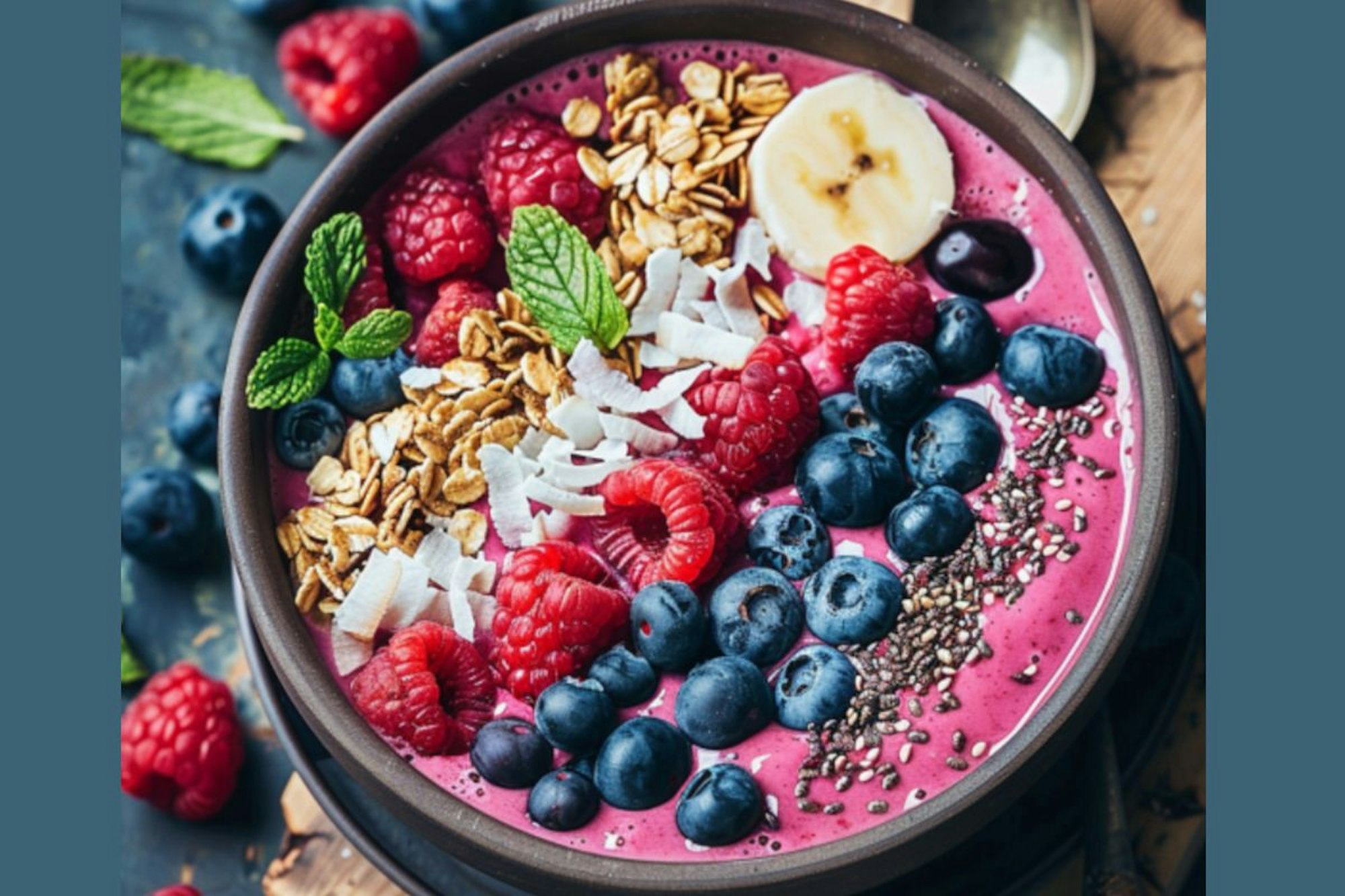 Bild von einer Smoothie Bowl mit Blaubeeren, Himbeeren, Banane, Haferflocken, Chiasamen, Kokosraspeln und Minze