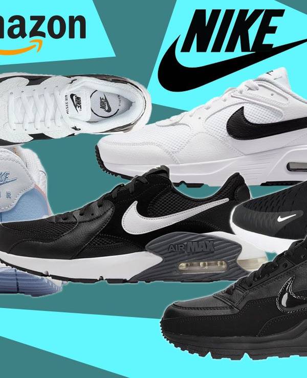 Nike Air Max Sneaker in verschiedenen Modellen und Farben vor grün blauem Hintergrund.