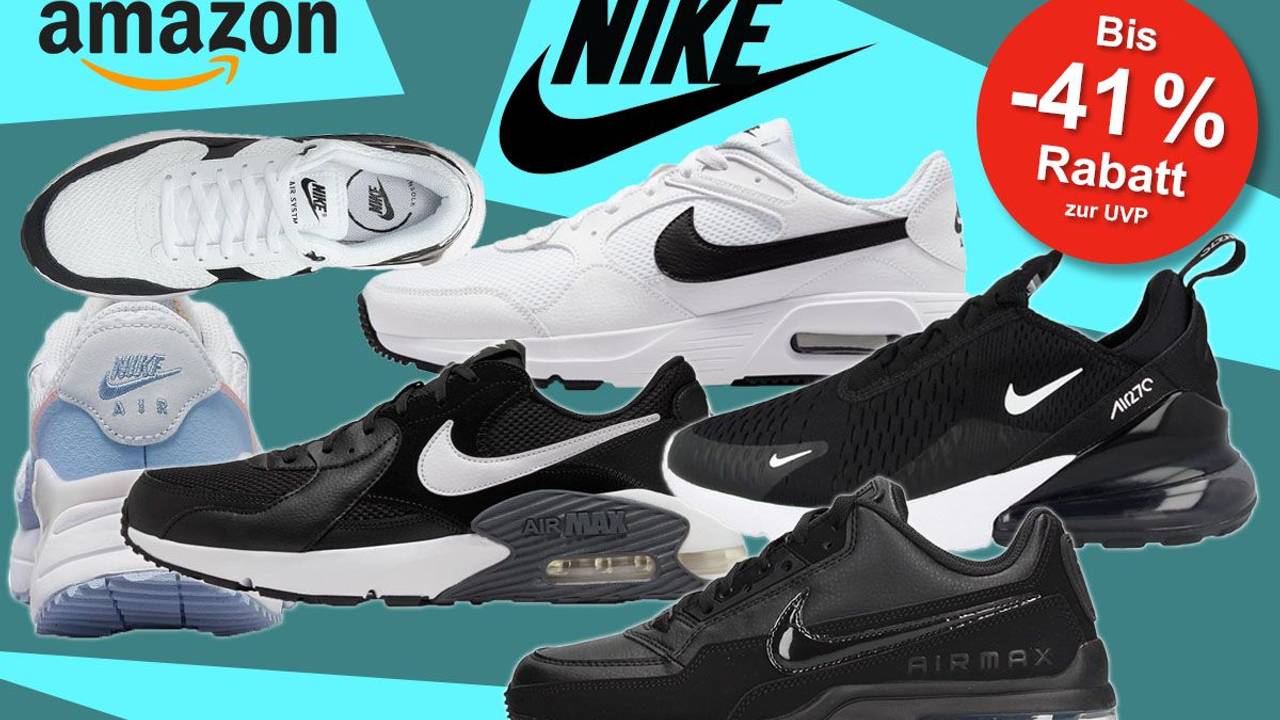 Nike Air Max Sneaker in verschiedenen Modellen und Farben vor grün blauem Hintergrund.