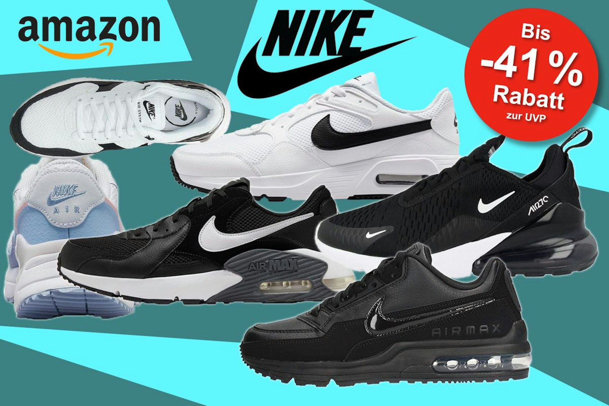 Nike Air Max Sneaker in verschiedenen Modellen und Farben vor grün blauem Hintergrund.