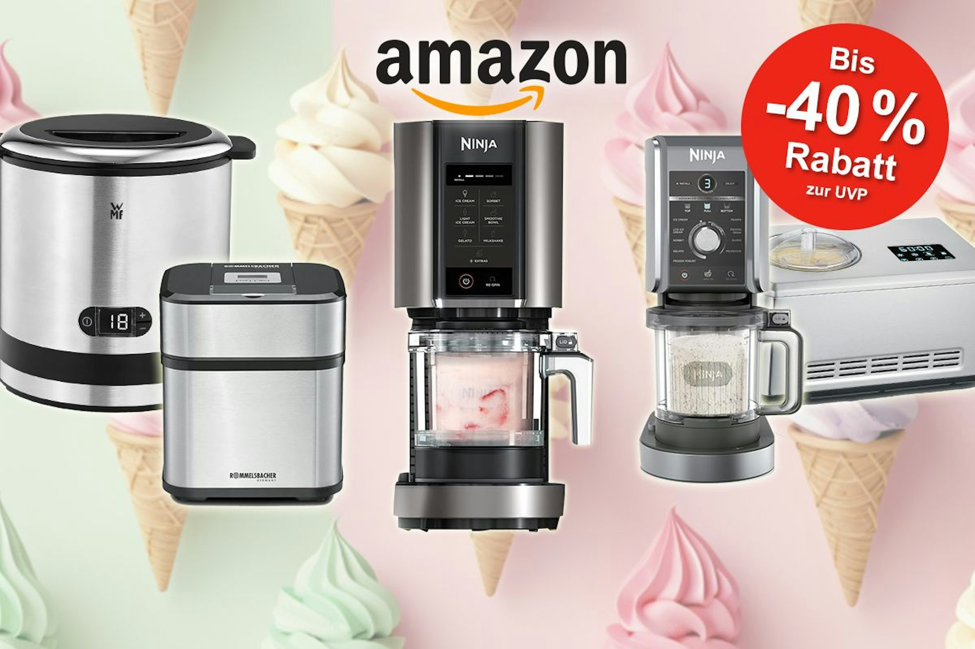 Eismaschinen verschiedener Marken wie WMF, Ninja, Rommelsbacher und Severin vor einem pastellfarbenem Hintergrund mit Eis.