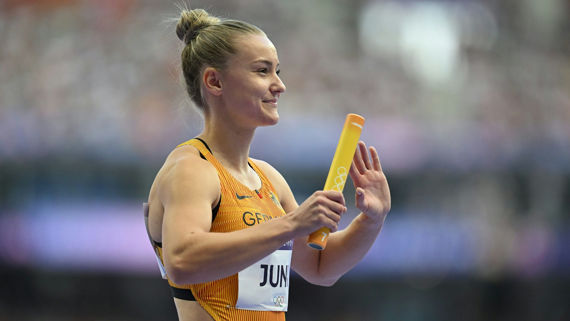 Sophia Junk bei der Sprint-Quali über 4 × 100 Meter mit dem deutschen Olympia-Team am Donnerstag (8. August 2024).